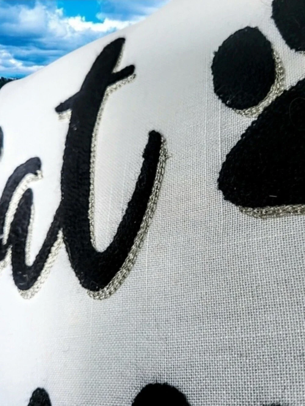 NWOT Cat Mom Throw Pillow Black Piping Raised Text & Paw Prints Silver Rope Trim